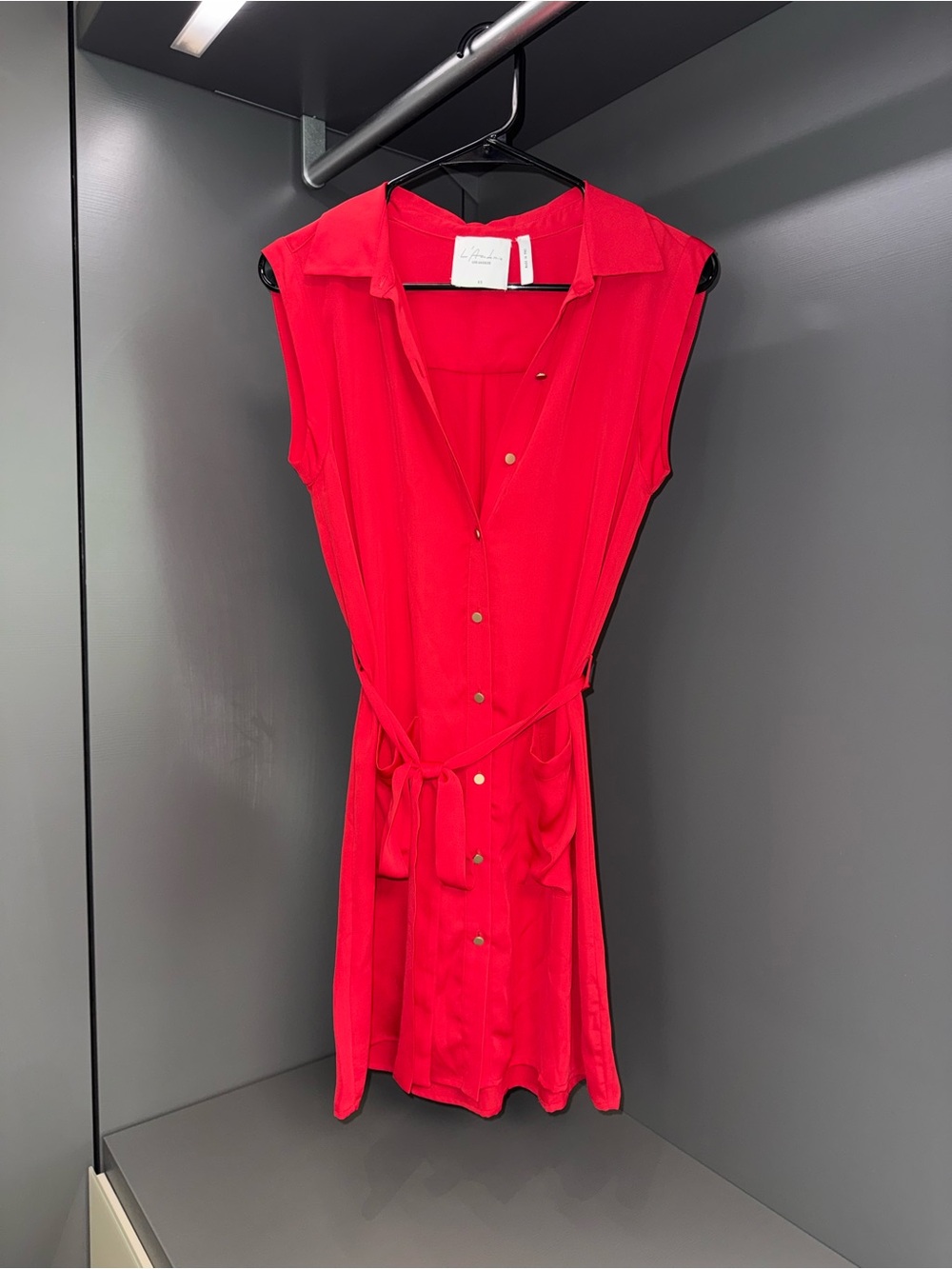 L'Academie Vibrant Red Sleeveless Shirt Dress with Waist Tie
